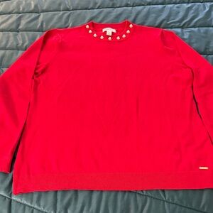 Calvin Klein Red Knit Top with Pearl Button Accents